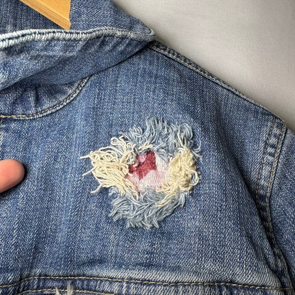 Vintage‎ Plugg Denim Jacket Womens Blue Distressed Bleach Floral Y2K Trucker - Picture 8 of 10